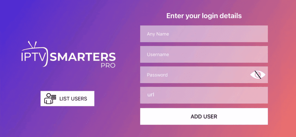 IPTV Smarters App Login Bildschirm